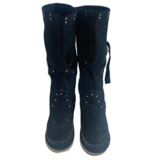 BC Footwear Women's Straight A's Black Suede Moccasin Boots Studded Size 9 - Picture 4 of 12